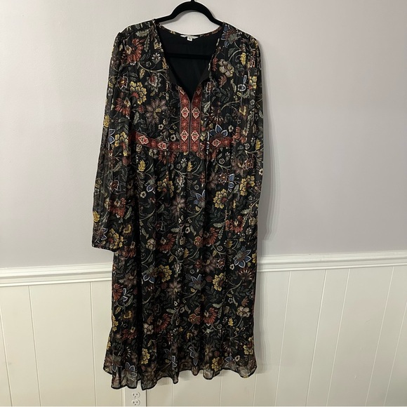 Frye & Co Women’s Long Sleeve Black Floral Boho Flowy V Neck Dress Sz XXL GUC - Picture 2 of 11